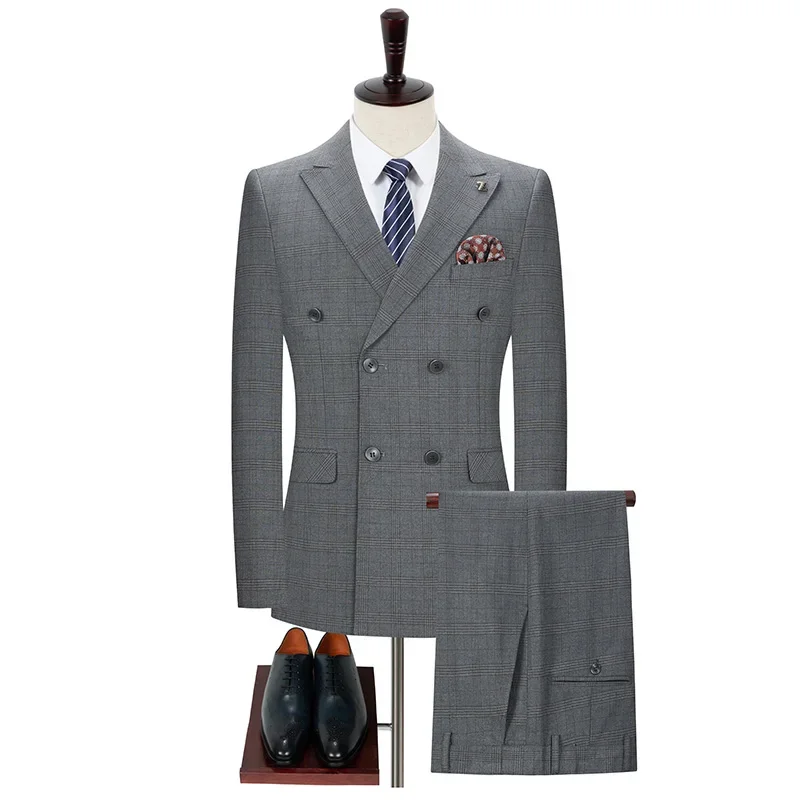 2023 Высококачественный Клетчатый комплект с двойным разрезом (костюм + брюки) Для мужчин Four Seasons, Высококачественный Легкий мужской комплект из двух предметов для делового джентльмена