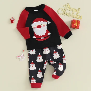 2 шт. Детские Рождественские наряды с длинным рукавом, свитшоты с вышивкой Санта-Клауса, Комплект штанов, теплая одежда для малышей