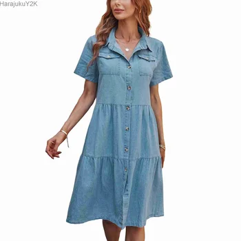 2023 Однотонное джинсовое платье плиссированное синее платье-рубашка с коротким рукавом и карманом на пуговицах