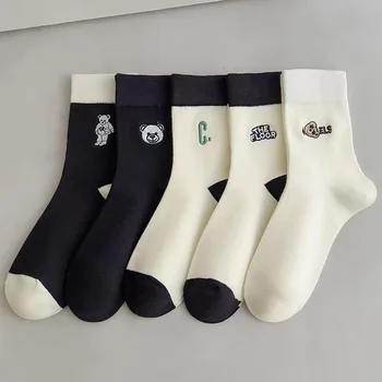 5 пар женских носков, весенне-осенний комплект, черно-белые женские носки из чистого хлопка, повседневные носки с рисунком милого мультяшного медведя