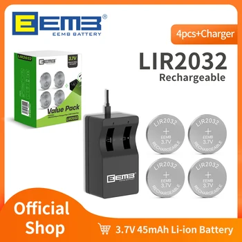 EEMB 4ШТ Аккумуляторная батарея LIR2032 с зарядным устройством 3,7 В Аккумуляторная батарея 2032 года 45 мАч Литиевые батарейки для монет
