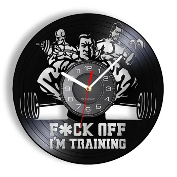 F- Off Я тренируюсь Вдохновляющая цитата Виниловая пластинка Настенные часы для фитнес-центра Домашний тренажерный зал Бодибилдинг Музыка Обложка альбома Часы