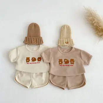 Ins Корейские летние детские футболки для девочек из 2 предметов с рисунком Медведя с короткими рукавами, шорты для новорожденных девочек с эластичной резинкой на талии
