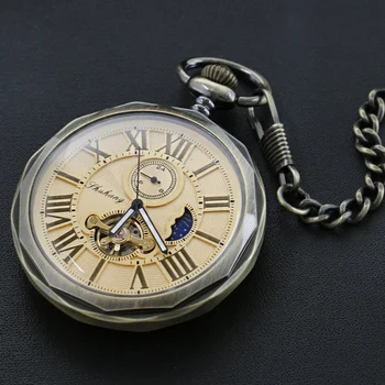 Антикварные маховики с фазой Луны, винтажные механические мужские карманные часы с римским циферблатом, карманные часы с ручным заводом и цепочкой-брелоком в подарок