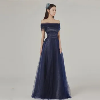 Блестящие темно-синие тюлевые длинные вечерние платья в Корейском стиле с Болеро, свадебная фотосессия, платья для выпускного вечера с корсетом на спине, вечернее платье для вечеринок cl-546