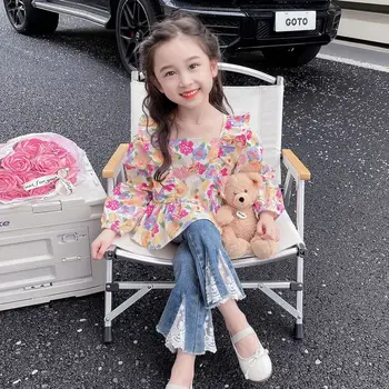 Весенне-осенний комплект для девочек 2023 года, новая блузка, рубашка, брюки в корейском стиле, детский комплект из двух предметов, популярные стильные комплекты