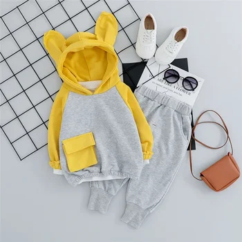 Весенне-осенний свитер с капюшоном для маленьких девочек, брюки, костюм из 2 предметов, Детская одежда, Комплекты детской одежды с мультяшным кроликом, детская одежда