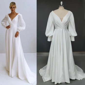 Двойной V-образный вырез, длинные рукава-фонарики, Свадебные платья трапециевидной формы на заказ, большие размеры, жемчуг, кисточка, простое роскошное атласное свадебное платье