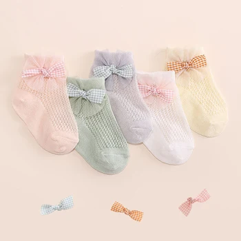 Детские носки для девочек, милые противоскользящие носки в клетку с бантом для малышей, летние детские носки из супертонкой сетки