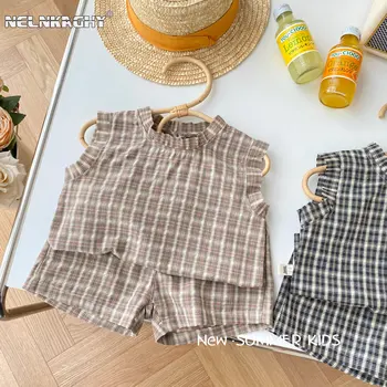 Детский летний комплект жилетов для мальчиков и девочек 0-6 лет, Повседневная футболка в Корейском стиле для маленьких детей + Клетчатые шорты, Комплект из двух предметов