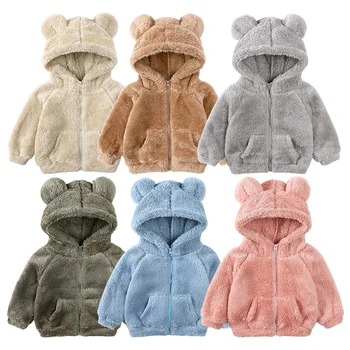 Детское зимнее пальто, мягкая плюшевая утепленная куртка для мальчика и девочки, пальто с капюшоном с медвежьими ушками, детская одежда из овечьего флиса, толстовка