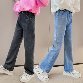 Джинсовые брюки для девочек-подростков на весну-осень, детские брюки, новые модные однотонные джинсы для девочек 5, 6, 8, 10, 12, 14 лет, детская одежда