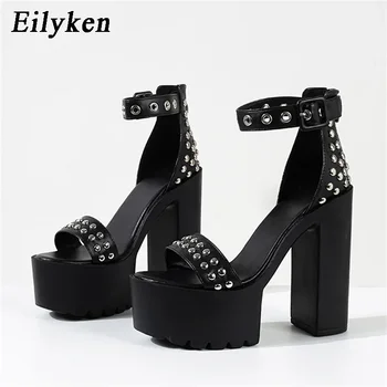 Женские босоножки нового бренда Eilyken на высоком массивном каблуке и платформе, летняя модная банкетная обувь с заклепками и ремешком с пряжкой