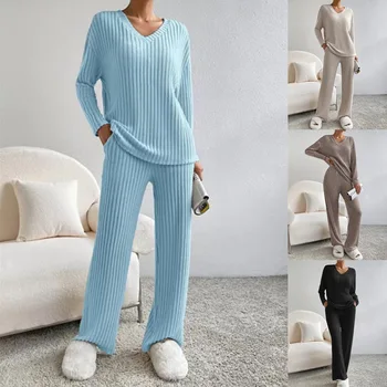 Женский комплект из 2 предметов трикотажной одежды для отдыха, свободный свитер с длинным рукавом, прямые брюки, пижама с повязкой на голову, пижамный комплект для отдыха, комплект из двух предметов