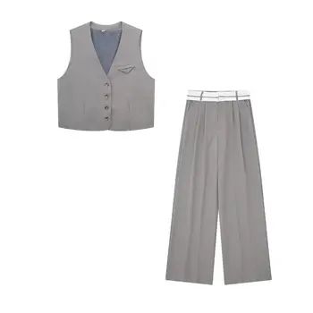 Женский костюм из 2 предметов 2023, модный жилет без рукавов, платье в стиле ретро с ремешком на спине, блузка + нейтральный ветер, широкие длинные брюки