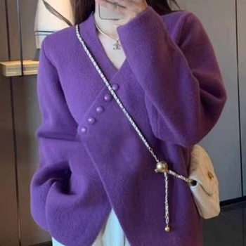 Женский свитер, Корейский модный трикотаж с V-образным вырезом, Офисный Женский свитер с длинным рукавом, винтажные свободные пуловеры, кардиган