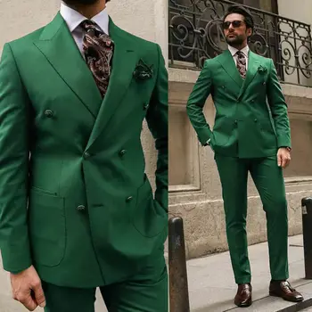 Зеленые мужские костюмы с козырьком и лацканами, Двубортные Деловые Смокинги для жениха, Блейзер Verde Hombre, 2 шт.