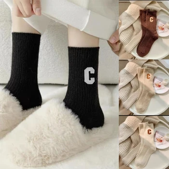 Зимние носки с буквенным принтом C для женщин, японские носки в стиле ретро, осень-зима, теплые 37JB
