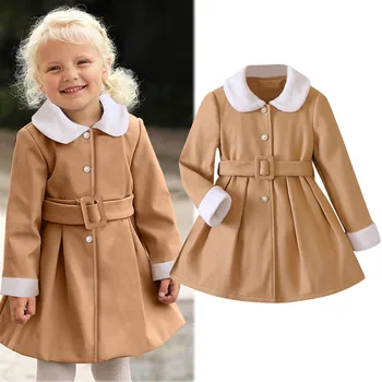 Зимние пальто для маленьких девочек, Модная уличная одежда, Теплый флис с длинным рукавом, Однотонное пальто с поясом, куртки, Верхняя одежда, Зимняя одежда