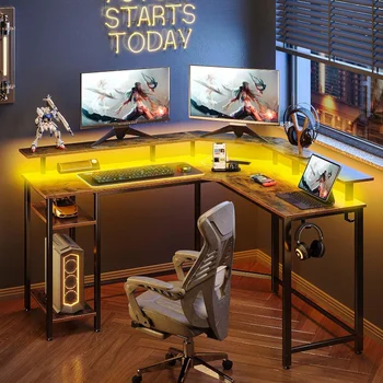 Игровой стол Rolanstar L-образной формы со светодиодной подсветкой и розетками питания, компьютерный стол 55,1 дюйма с подставкой для монитора и полкой для хранения