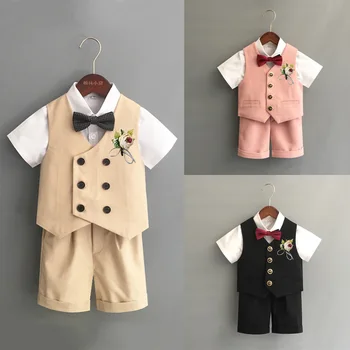 Комплект детского костюма-жилетки цвета хаки для мальчика, летний костюм ведущего свадебной вечеринки, детский жилет, шорты, комплект одежды с бабочкой