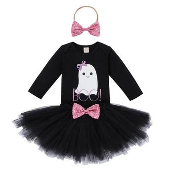 Комплект из 3 предметов, одежда для маленьких девочек на Хэллоуин, комбинезон с длинными рукавами и буквенным принтом из мультфильма, фатиновая юбка с расшитой блестками повязкой на голову бантом