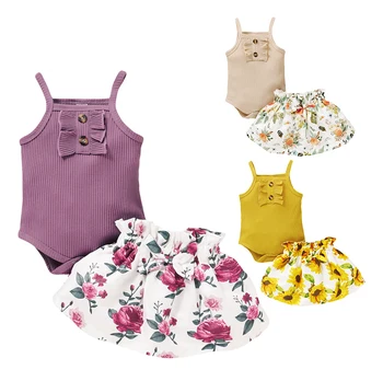 Комплект одежды для новорожденных девочек, однотонные подтяжки на пуговицах, жилет, комбинезон, короткое платье с цветочным рисунком, наряды из 2 предметов