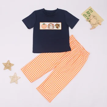 Комплекты одежды для мальчиков из двух предметов, осенний круглый вырез, темно-синий топ с коротким рукавом и оранжевые брюки, Одежда из 100% хлопка, костюмные наряды от 2 до 8 лет