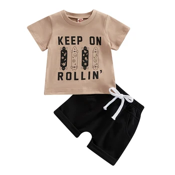 Комплекты одежды для новорожденных мальчиков 2023, Летняя футболка с круглым вырезом и коротким рукавом для скейтборда с буквенным принтом, Топы + шорты, одежда для малышей