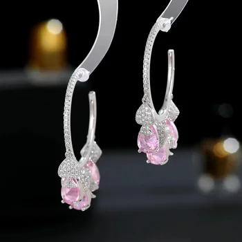 Круглые висячие серьги-кольца с небольшой каплей воды, розовый Кубический цирконий, роскошные ювелирные изделия в подарок