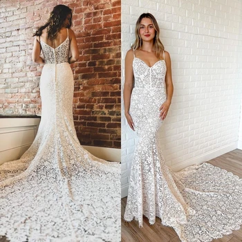 Кружевное свадебное платье 2024 года в стиле Бохо, современное свадебное платье без рукавов с вырезом-спагетти для невест, длинный шлейф для часовни