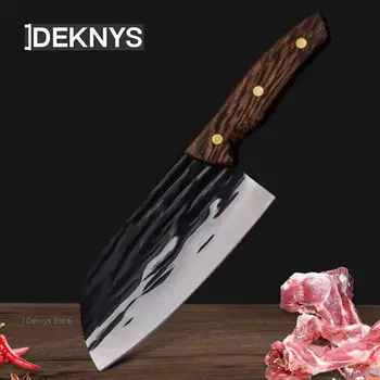 Кухонные ножи Кованый нож из углеродистой стали с деревянной ручкой для нарезки мяса и овощей, кухонный нож ручной ковки от шеф-повара
