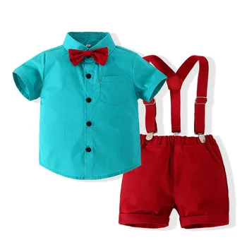 Летний комплект джентльменской одежды для маленьких мальчиков, Рубашка с коротким рукавом и бантом Для мальчиков, топы + Шорты на подтяжках, Красивый костюм из 2 предметов, Детская одежда для мальчиков