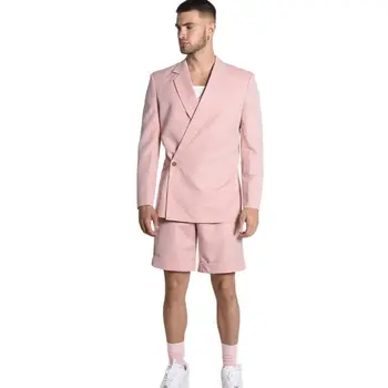 Летний Розовый льняной мужской костюм, блейзер с короткими брюками, Пляжная свадебная одежда жениха из 2 предметов, легкий и дышащий комплект