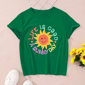 Летняя детская одежда для девочек, футболка с короткими рукавами и круглым вырезом, футболка с буквенным принтом 