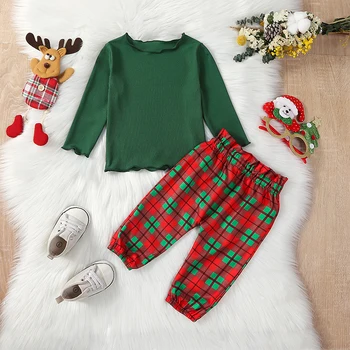 Милая Малышка, 2 предмета Рождественской повседневной одежды, топы в рубчик с длинным рукавом + Клетчатые брюки, комплект из 2 предметов, осенняя одежда для новорожденных, костюмы