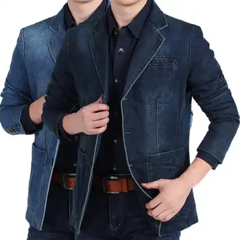 Модная джинсовая куртка, Темпераментный отложной воротник, осенний костюм с карманами на трех пуговицах, пальто, мужские джинсы, Блейзер, Тонкая строчка