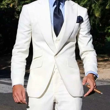 Мужские костюмы на свадьбу 2023, Блейзер жениха Terno, белый однобортный костюм с отворотом, мужская куртка-тройка, Брюки, жилет