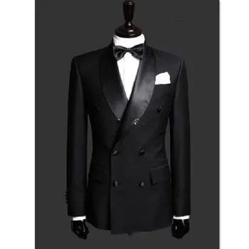 Мужские костюмы Приталенный свадебный Элегантный черный смокинг Костюм для мужчин 2шт Двубортный блейзер Пиджак Брюки Костюм Homme