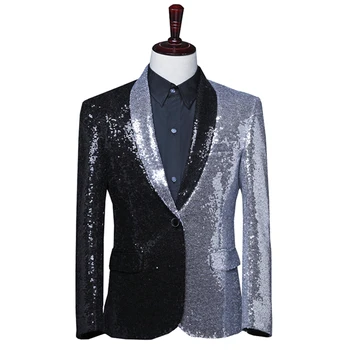 Мужской блейзер с блестками, черный и серебристый, пиджак в тон, Двухцветный мужской костюм для выступлений, костюм