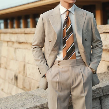 Мужской костюм 2023 цвета Хаки, светло-серый, двубортный, 2 предмета (блейзер + брюки) Для отдыха, свадьбы, жениха, делового облегающего костюма
