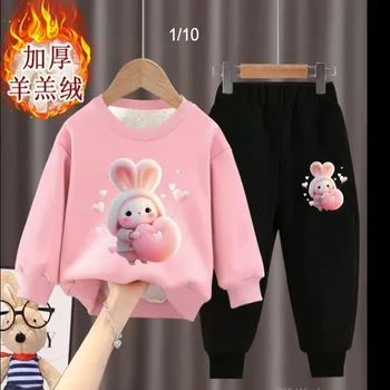 Новая интернет-знаменитость Girl's little bunny, стильная плюшевая толстовка с капюшоном из двух предметов для девочек и младенцев, модный зимний комплект