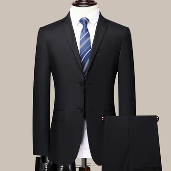 Новинка 2023 года (Блейзер + брюки), мужская джентльменская мода, деловой однотонный свадебный костюм из натуральной шерсти в итальянском стиле, комплект из 2 предметов