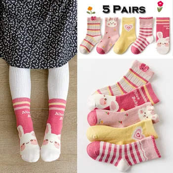 Носки для маленьких девочек, розовые хлопчатобумажные носки Barbie, весна-осень, мультяшные кролики, Детские носки для малышей, детские носки 5 пар