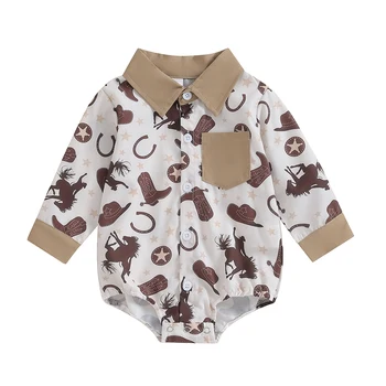 Одежда в западном стиле для маленьких мальчиков, рубашка на пуговицах с коровьим принтом, комбинезон с лацканами, боди, осенний наряд 0-18 м