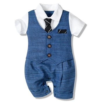 Одежда для маленьких мальчиков, Летний хлопковый официальный комбинезон, Джентльменский галстук, цельная одежда для новорожденных, красивый комбинезон на пуговицах, праздничный костюм