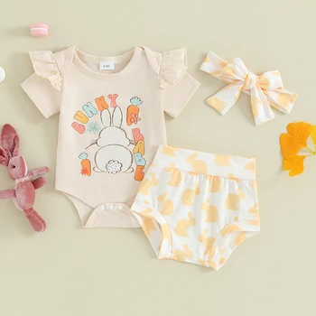 Одежда для новорожденных девочек из 3 предметов, комбинезон с короткими рукавами и шорты, низ с повязкой на голову