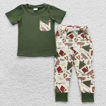 Оптовая продажа, Одежда для маленьких мальчиков, Зеленая хлопчатобумажная футболка с короткими рукавами, Детская футболка с карманом, Походные штаны, Комплект брюк для маленьких детей
