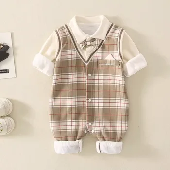 Осенний комбинезон для мальчика от 1 до 18 месяцев Кофейного цвета в клетку с воротником-стойкой, бутик одежды для мальчиков, костюм для новорожденных