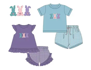 Пасхальный бутик детской одежды, маленькие летящие рукава, кружевные шорты в клетку с принтом кролика, костюм для девочек, костюм с короткими рукавами для мальчиков